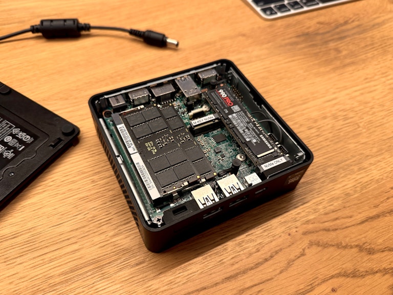 ASUS NUC 14 Pro opened up internals showcasing a Samsung 990 PRO SSD NVME stick